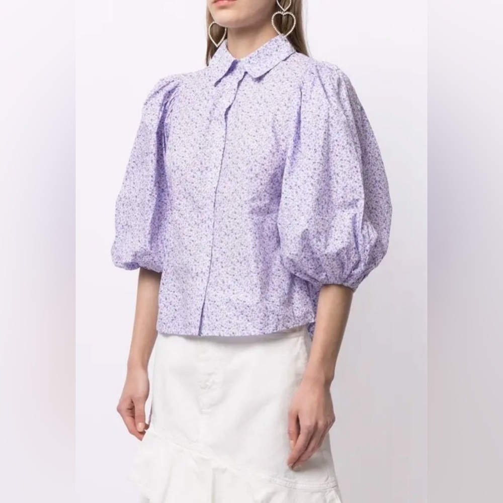BYTIMO Dity Floral Print Cotton Shirt in Purple Floral with Puff Sleeves Size L